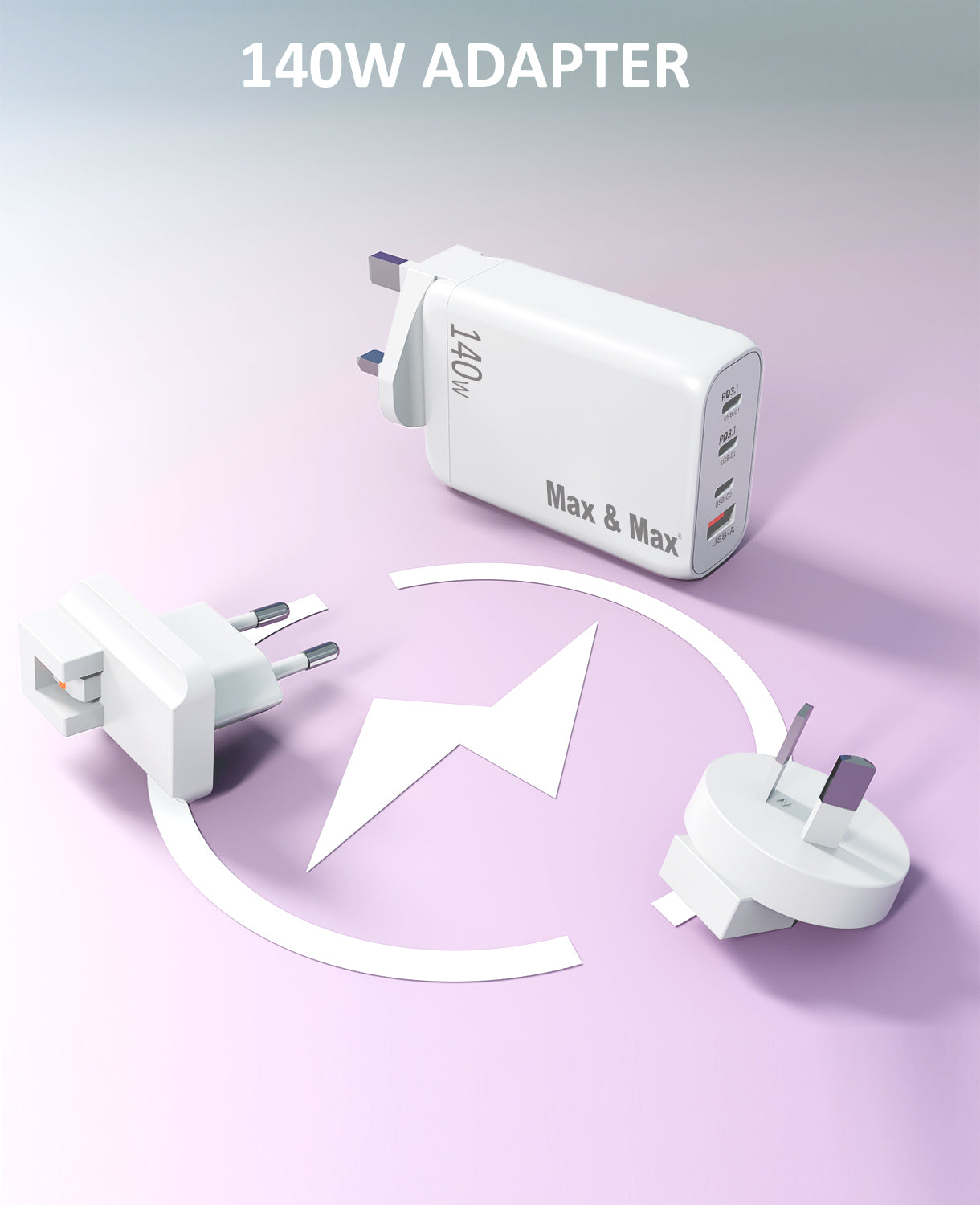 140 Watts Smart Premium GaN Wall Charger, USB-C and USB-A Ports, for Iphone Samsung Laptops