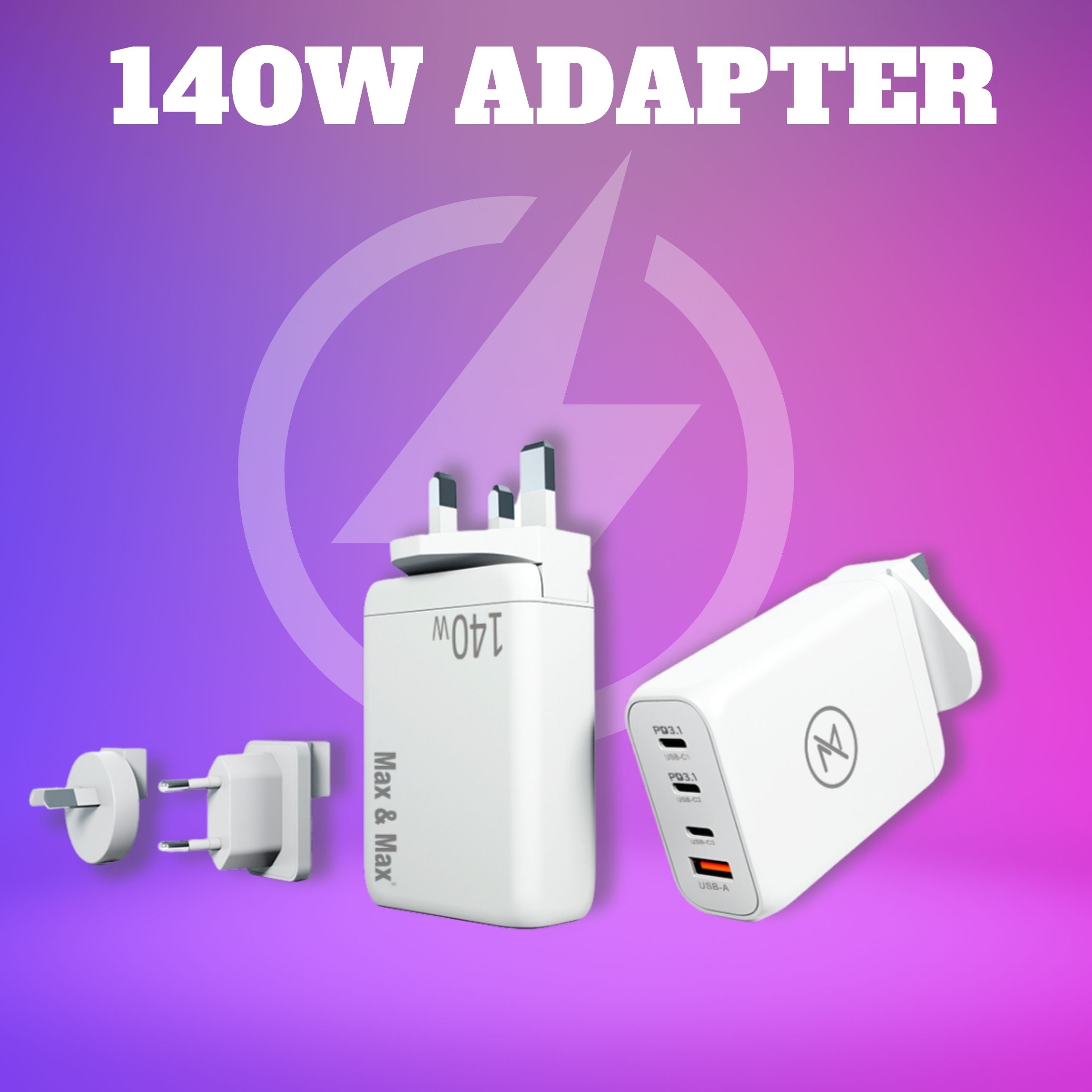 140 Watts Smart Premium GaN Wall Charger, USB-C and USB-A Ports, for Iphone Samsung Laptops