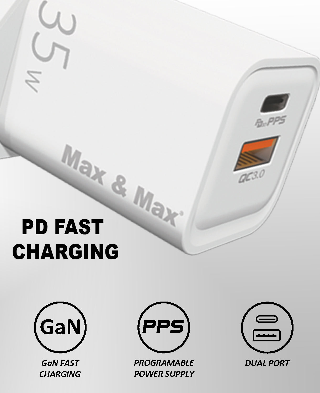 35W Dual Ports USB, Type C GaN Series Fast Power Adapter Charger compatible with iPhone 15/14/13/12/11 Pro Max Plus, Samsung, Android iPad