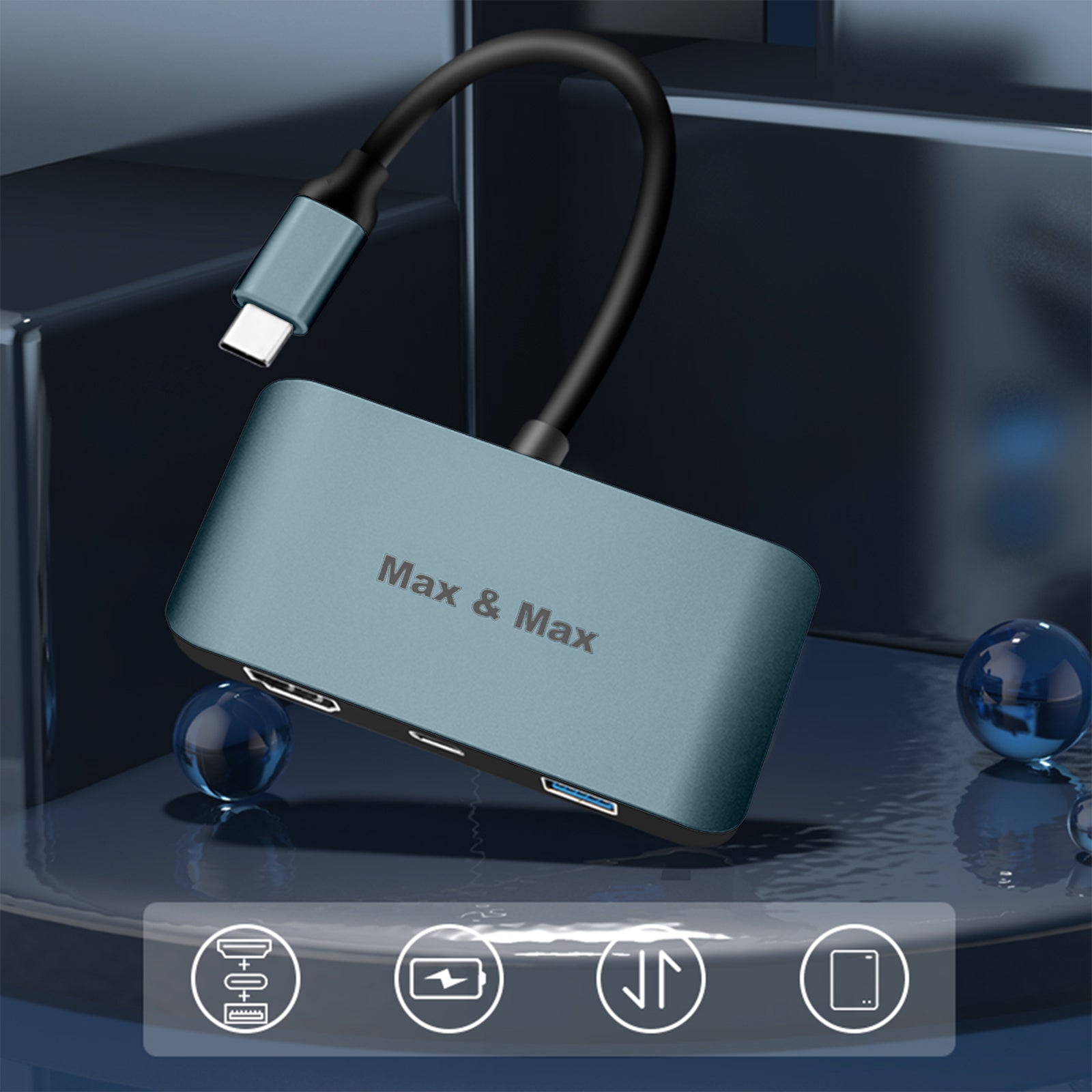 Max & Max 3 in 1 USB Type-C Hub مع HDMI 4k يدعم نقل USB 3.0 بمعدل يصل إلى 10 جيجابت في الثانية ، يمكنه توصيل قرص UM ومحرك الأقراص الثابتة والماوس ولوحة المفاتيح والهاتف ، متوافق مع Mac و Chrome و Windows OS - رمادي