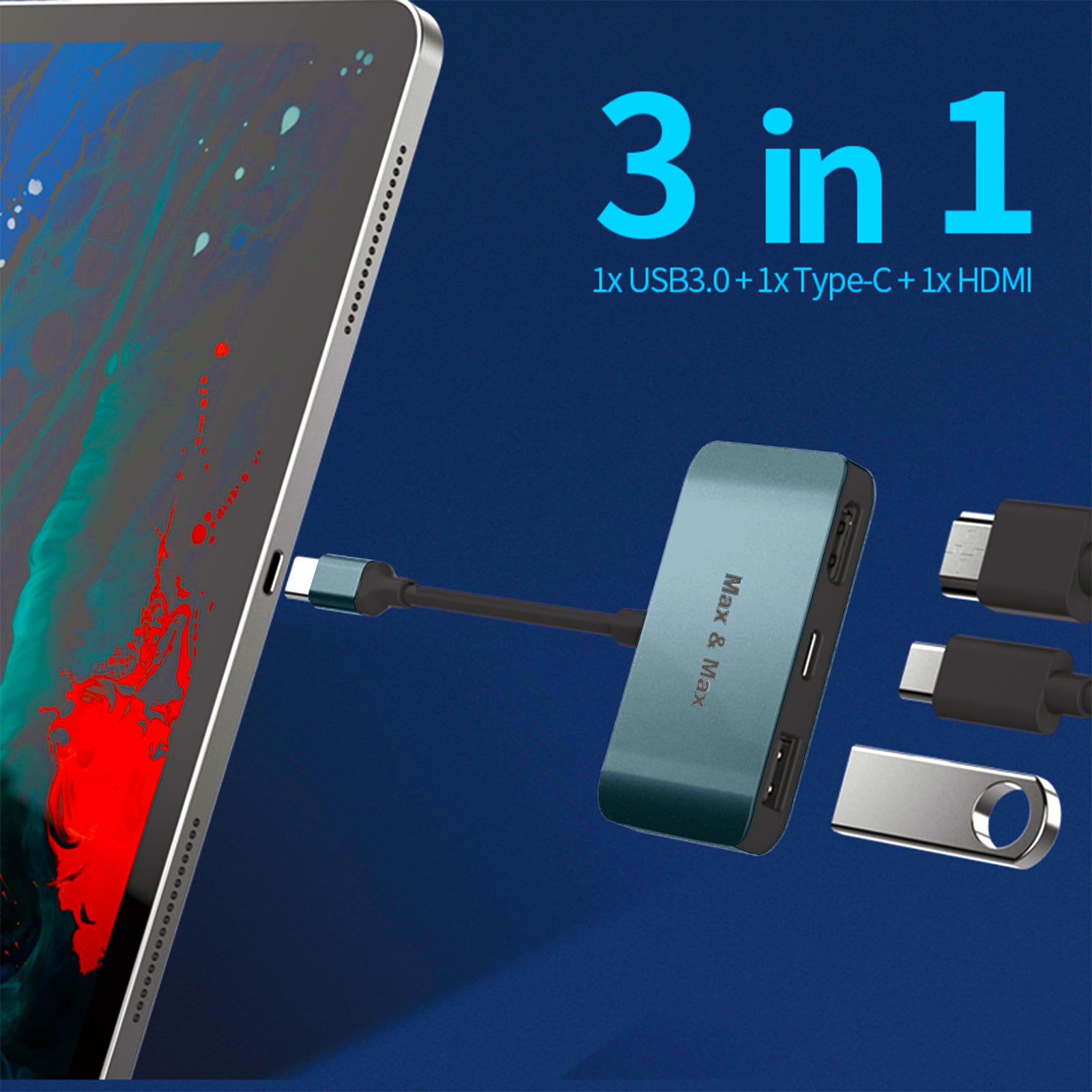 Max & Max 3 in 1 USB Type-C Hub مع HDMI 4k يدعم نقل USB 3.0 بمعدل يصل إلى 10 جيجابت في الثانية ، يمكنه توصيل قرص UM ومحرك الأقراص الثابتة والماوس ولوحة المفاتيح والهاتف ، متوافق مع Mac و Chrome و Windows OS - رمادي