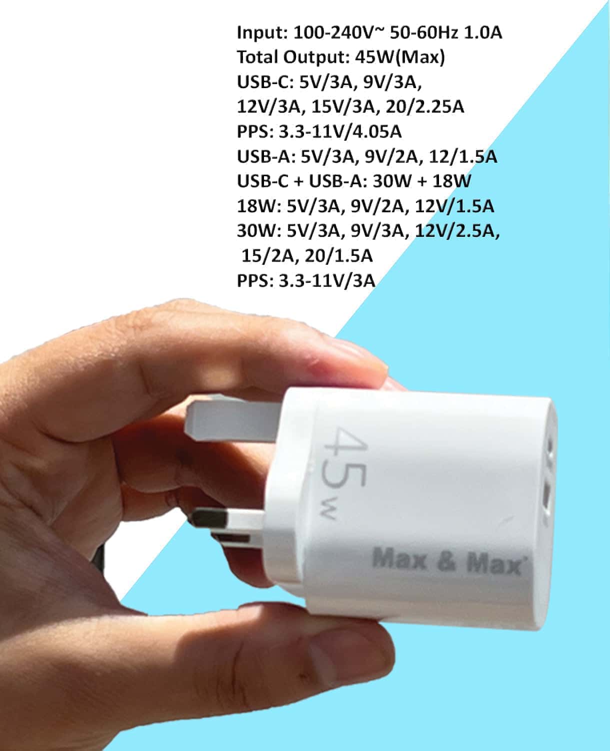 45W Dual Port USB and Type C GaN Fast iPhone Charger USB Wall Plug Charger Power Adapter for iPhone, Android, iPad, Samsung, Lenovo