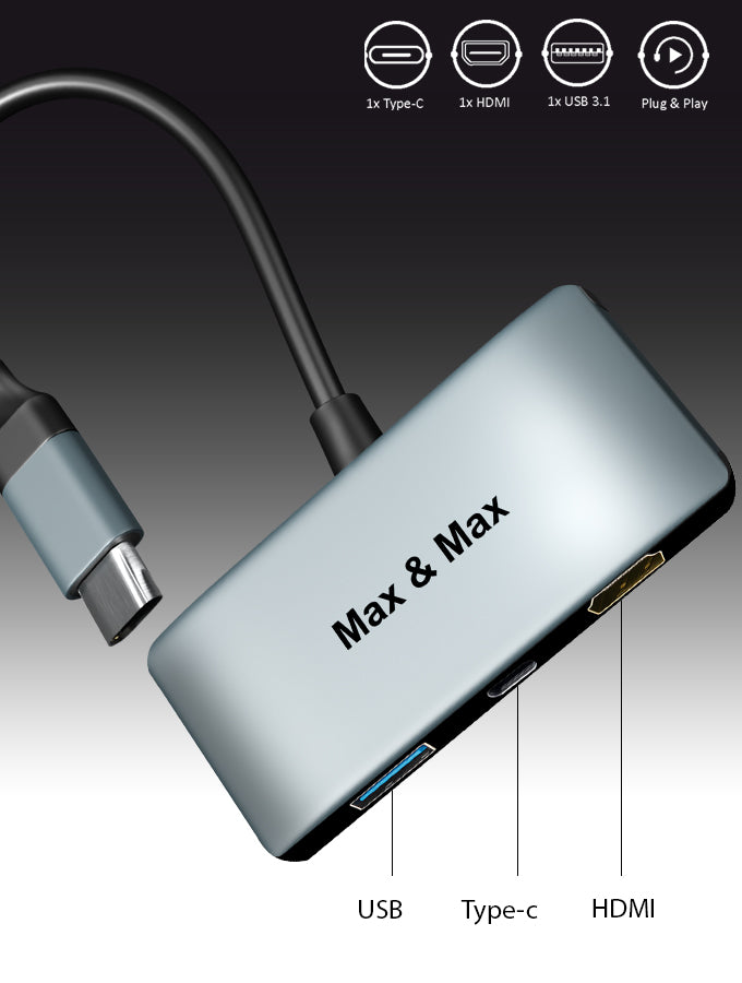 Max & Max 3 in 1 USB Type-C Hub مع HDMI 4k يدعم نقل USB 3.0 بمعدل يصل إلى 10 جيجابت في الثانية ، يمكنه توصيل قرص UM ومحرك الأقراص الثابتة والماوس ولوحة المفاتيح والهاتف ، متوافق مع Mac و Chrome و Windows OS - رمادي