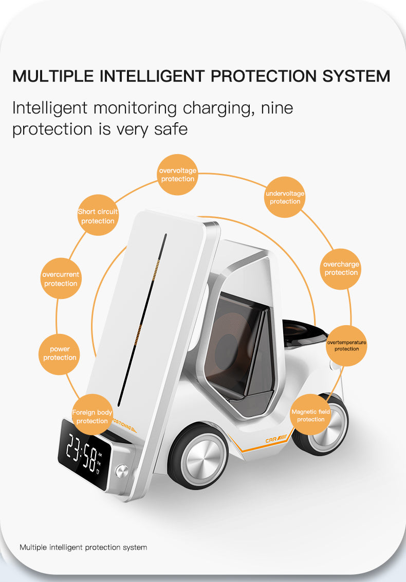 Wireless Charging Station Forklift 5-in-1 Type-C Input, Digital Clock, and Night Light