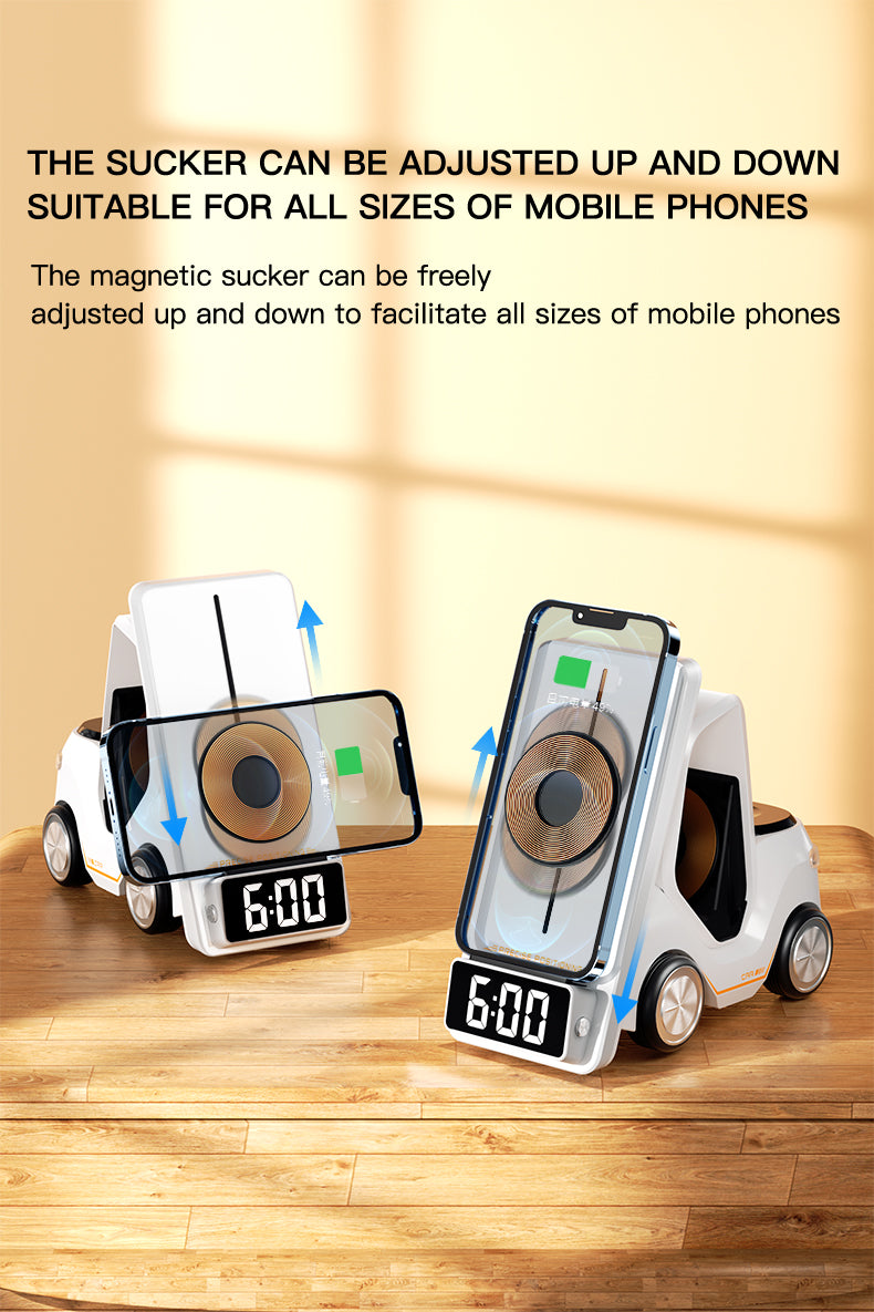 Wireless Charging Station Forklift 5-in-1 Type-C Input, Digital Clock, and Night Light