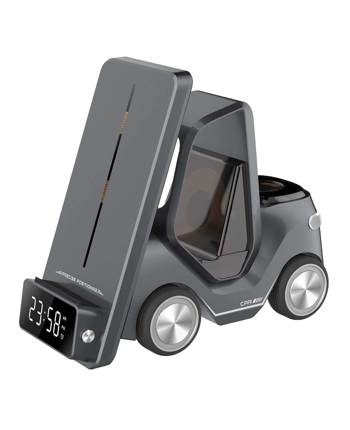Wireless Charging Station Forklift 5-in-1 Type-C Input, Digital Clock, and Night Light