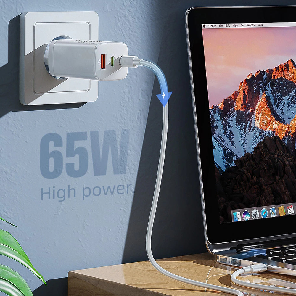 65W USB-C 3Port GaN PPS Turbo Fast Charger Adapter USB-C USB-A for MacBook Pro/Air, Laptops, iPad, iPhone, Samsung S23/S10 - White