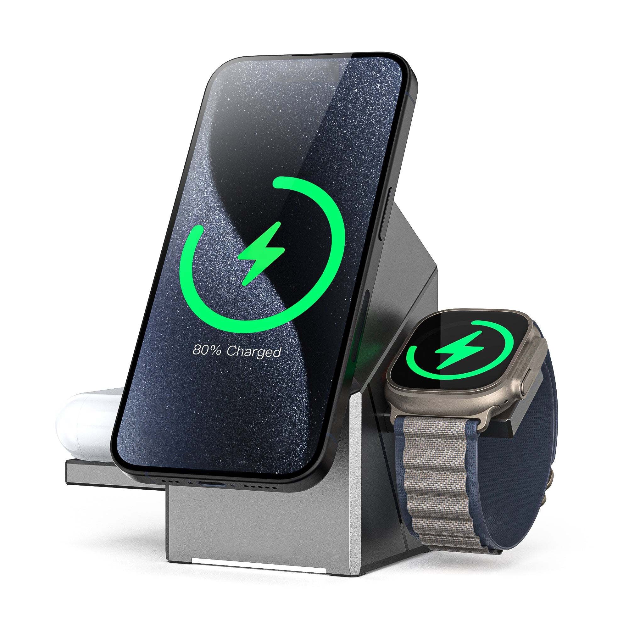 Qi2 15W spin wireless charger powering phone, buds, and watch