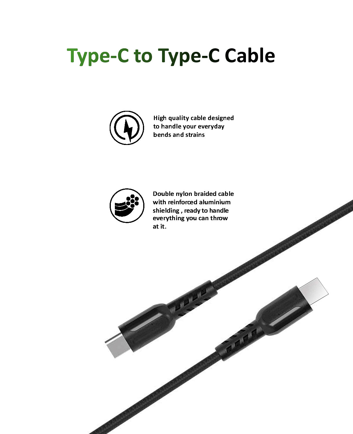 Fast Charging Cable Nylon braided, USB Type-C to C for Samsung Huawei lenovo Android -Black