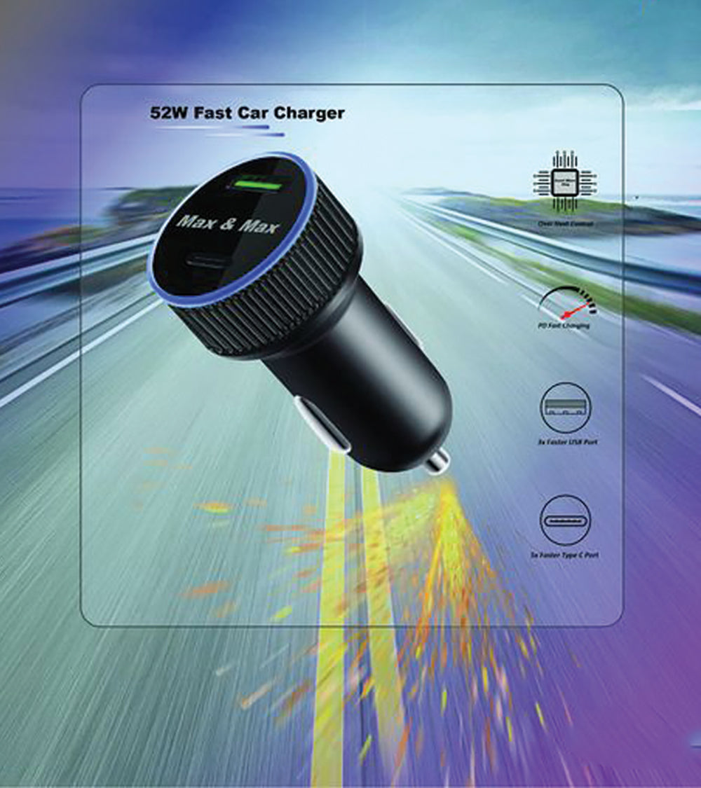 Car Charger Fast 52W Dual Port Type C Type A  - Black