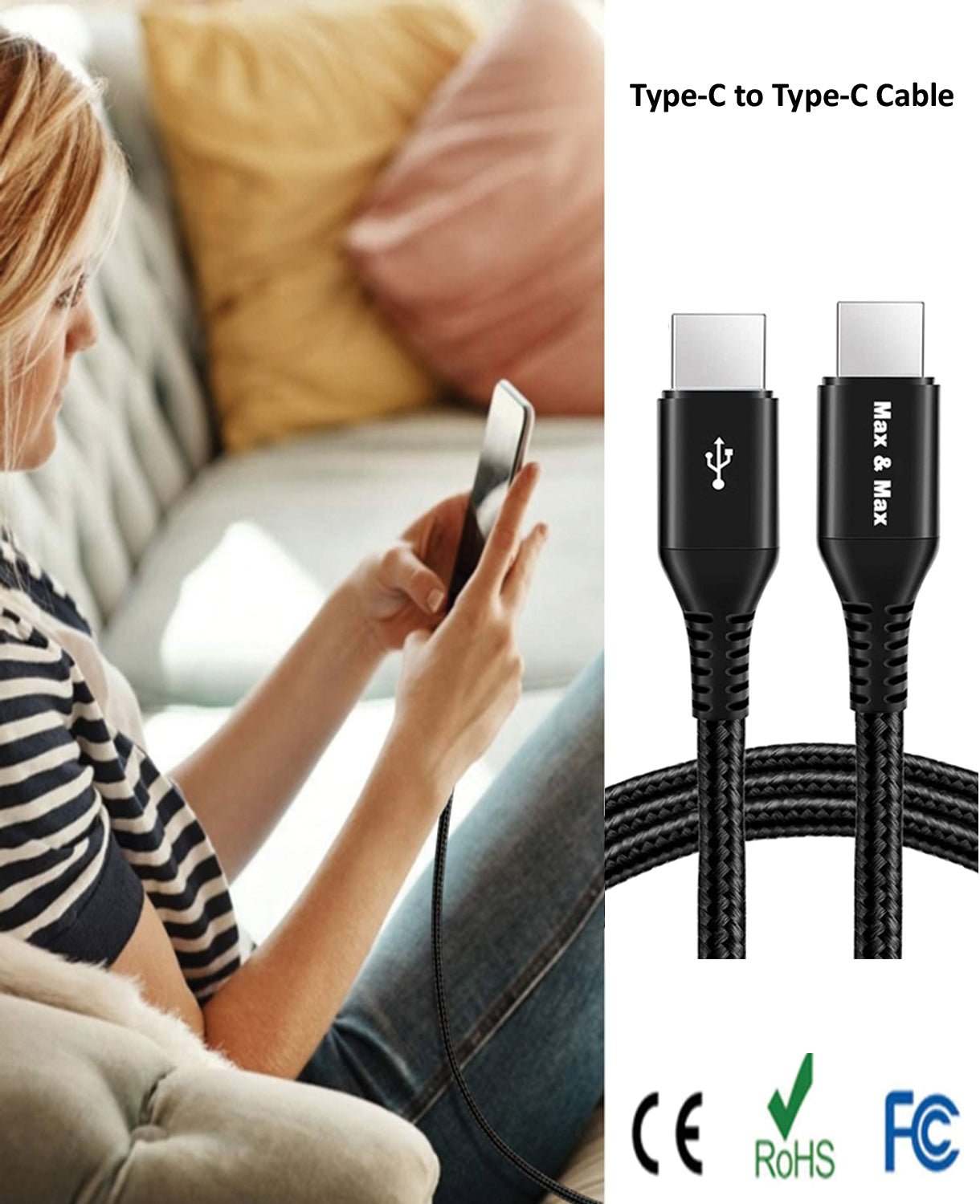 Fast Charging Cable Nylon braided, USB Type-C to C for Samsung Huawei lenovo Android -Black
