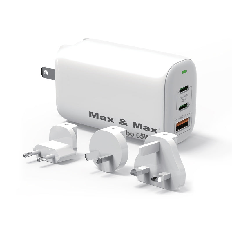 65W USB-C 3Port GaN PPS Turbo Fast Charger Adapter USB-C USB-A for MacBook Pro/Air, Laptops, iPad, iPhone, Samsung S23/S10 - White